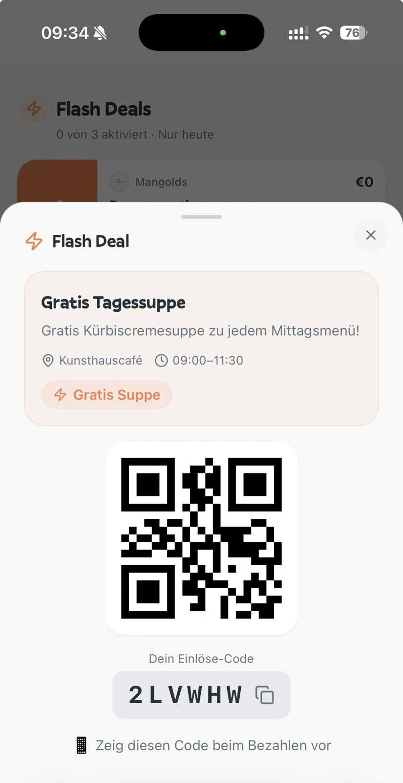 Flash Deal aktivieren: QR-Code zum Einlösen direkt im Lokal
