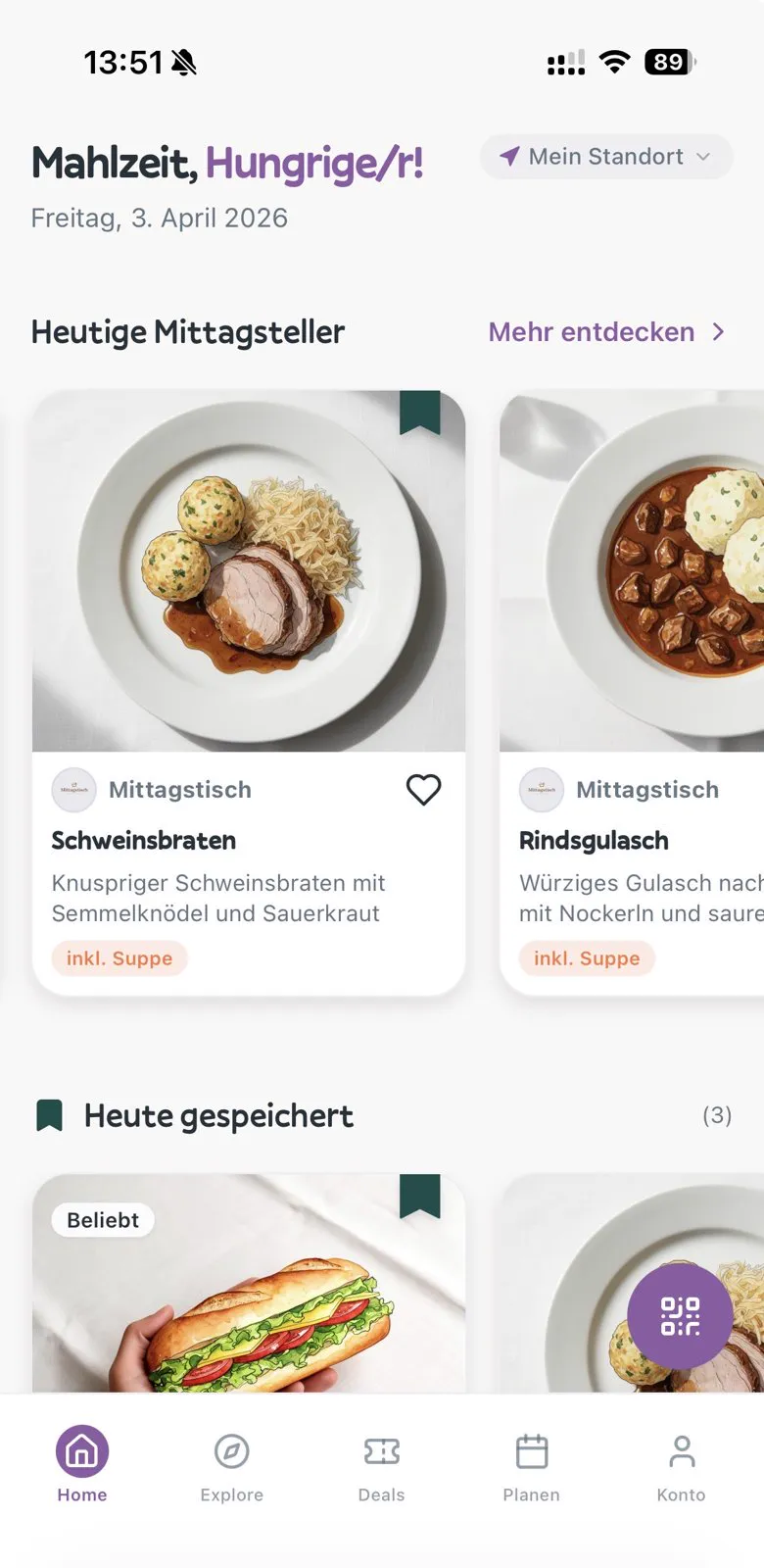 LunchSwipe Home-Feed: Alle heutigen Mittagsmenüs in Graz, filterbar nach Kategorie